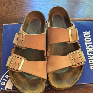 Women’s Birkenstock Brown Leather Sandals with Gold Buckles